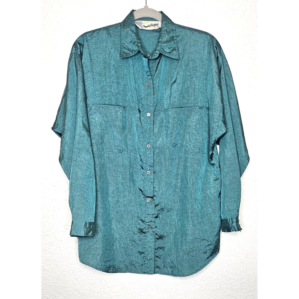 Vintage Diane Von Furstenberg Womens Button Up Shirt Medium Blue Crinkle Blouse